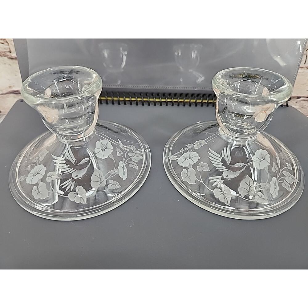 2 Vintage Crystal Hummingbird Candle Holders - Avon 24% Etched Lead Crystal